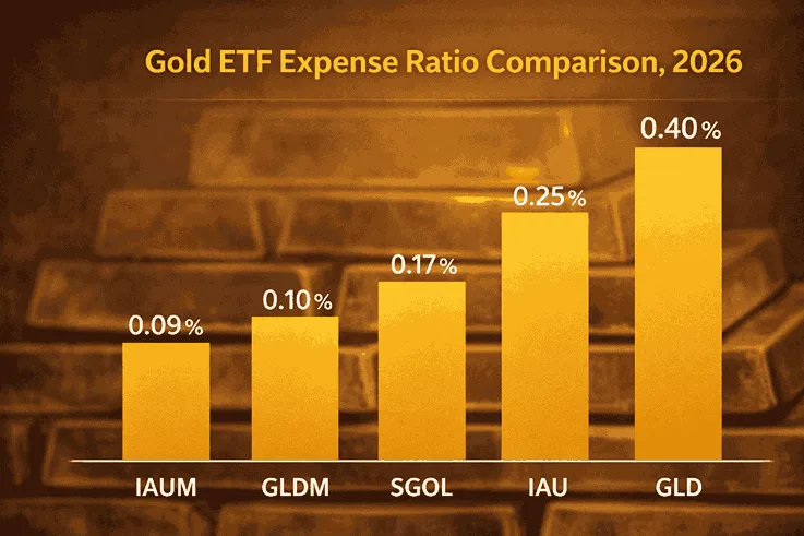 Bar chart: IAUM 0.09 %, GLDM 0.10 %, SGOL 0.17 %, IAU 0.25 %, GLD 0.40 %