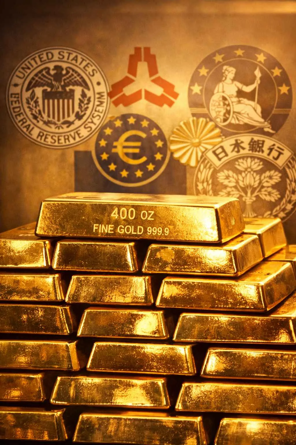 Towering stack of 400-oz LBMA gold bars overlaid with central-bank crests; warm light hints at safe-haven demand.