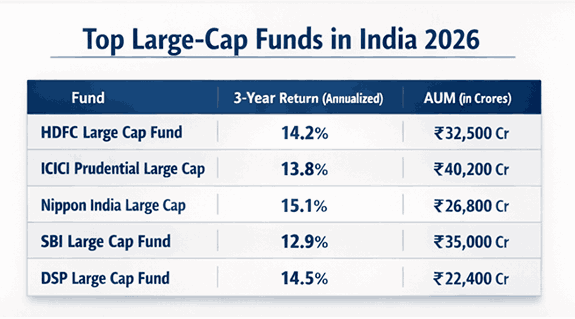 Top large-cap mutual funds in India for retirement 2026 (fund list snapshot)