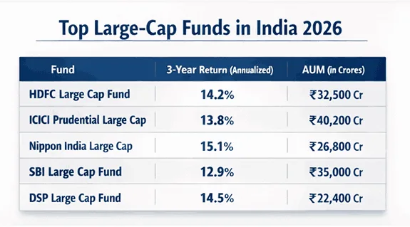Top large-cap mutual funds in India for retirement 2026 (fund list snapshot)