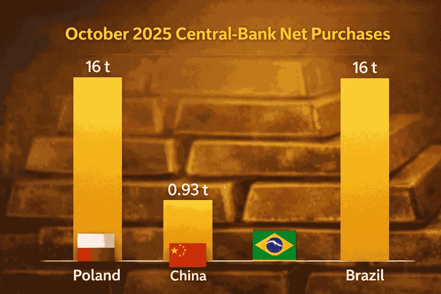 Central banks added 53 t of gold in Oct-25. Discover 5 low-cost ETFs (IAUM, GLDM, SGOL, IAU, GLD) to ride the structural bid and hedge your portfolio.