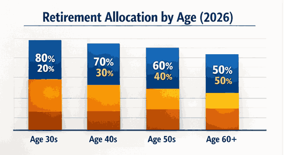 Retirement asset allocation by age in 2026 (equity vs debt mix chart)