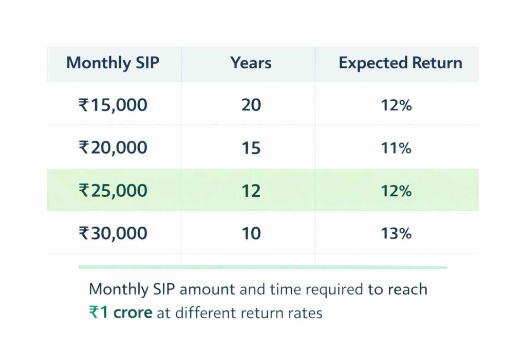  SIP growth chart showing how monthly investment compounds to ₹1 crore over time