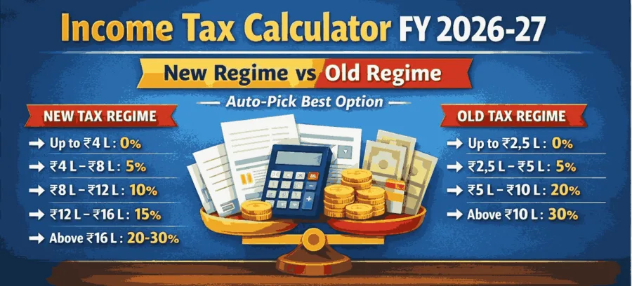 Income Tax Calculator FY 2026-27 India showing new vs old tax regime comparison after Budget 2026
