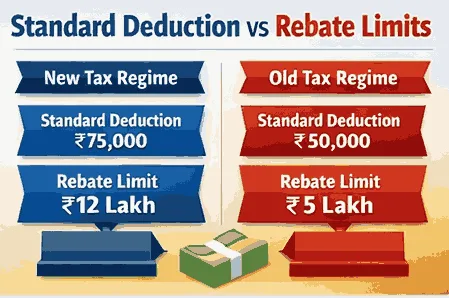 Standard deduction and rebate limits under new vs old tax regime FY 2026-27 India