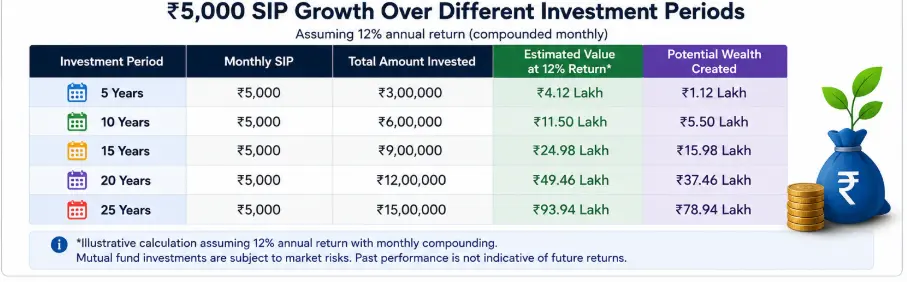 ₹5,000 SIP growth expected over different investment periods at a hypothetical 12% annual return