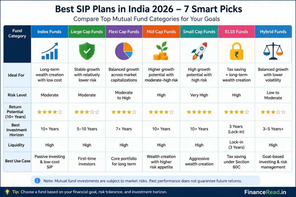 Best SIP plans in India 2026 comparison by mutual fund category
