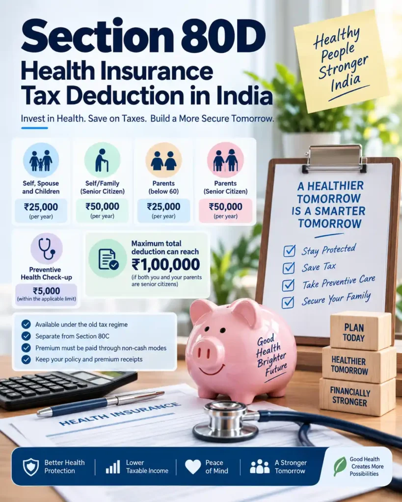 Section 80D health insurance tax deduction in India showing tax benefits and eligible family members