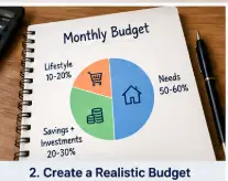 Monthly salary budget divided between needs, savings, investments and lifestyle spending